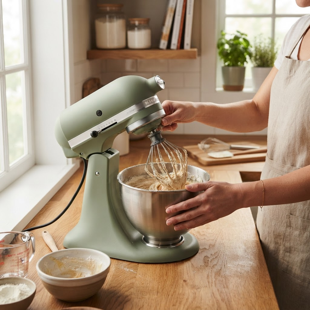Lifestyle in-use shot of a stand mixer on a kitchen counter