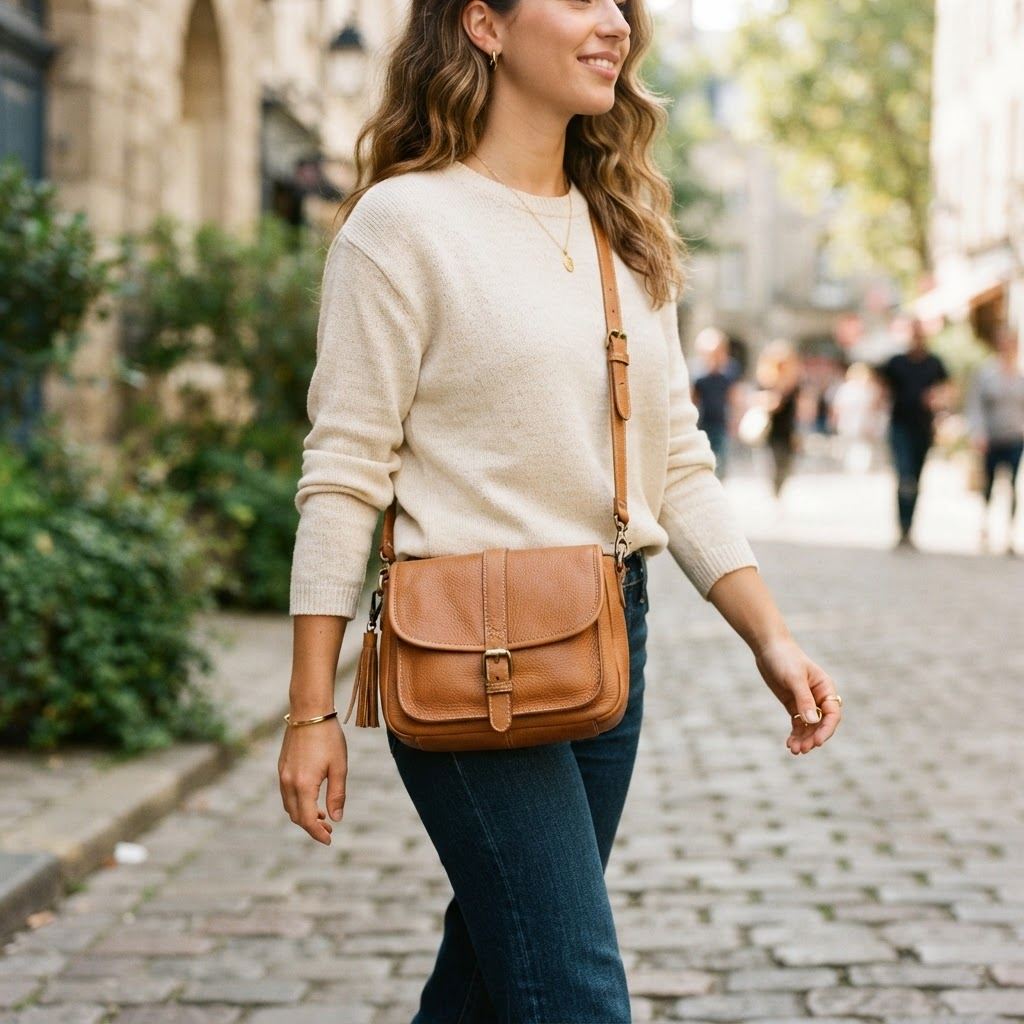 On-model shot of a leather crossbody bag