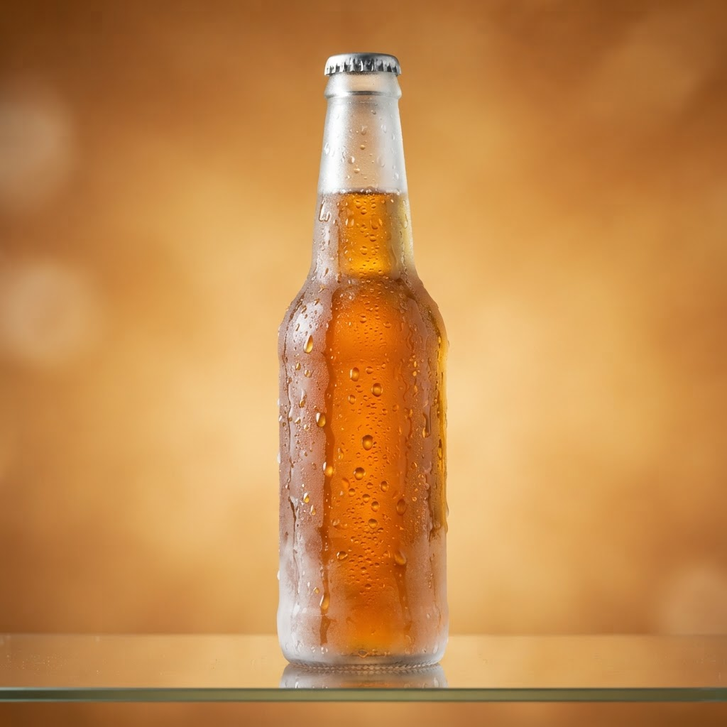 Studio hero shot of a frosted beverage bottle