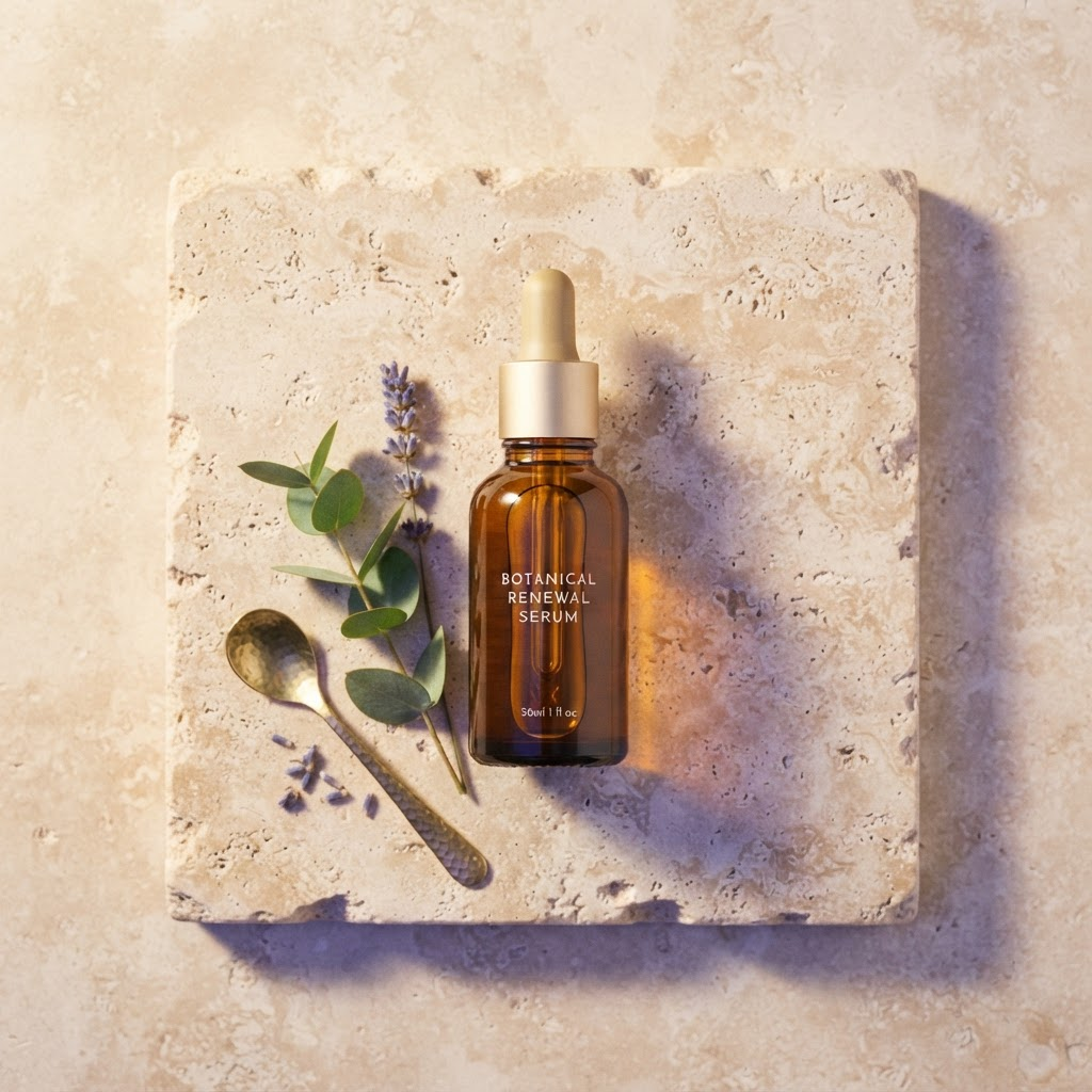 Styled flat lay of a skincare serum bottle