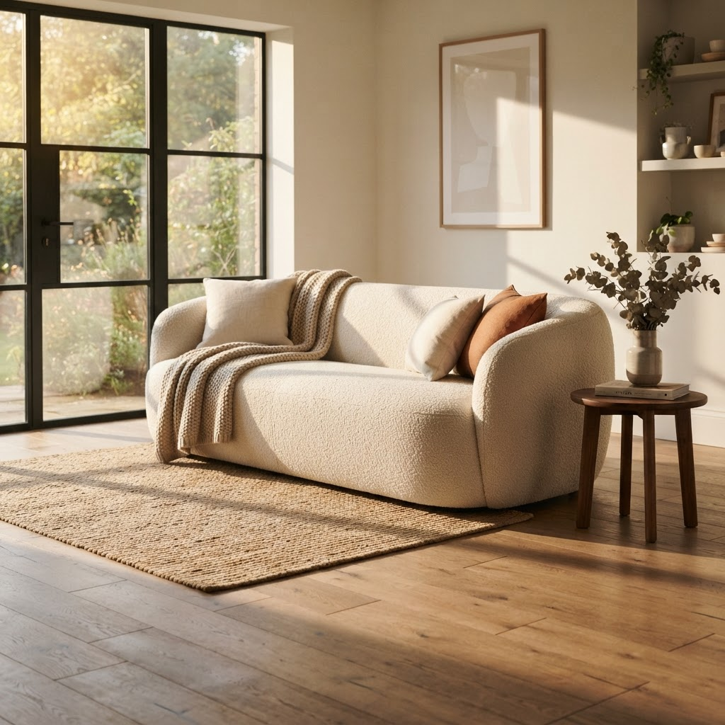 A boucle sofa styled in a sunlit living room